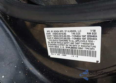 2008 Honda Odyssey Touring z USA, uszkodzony, nr VIN 5FNRL388X8B109847